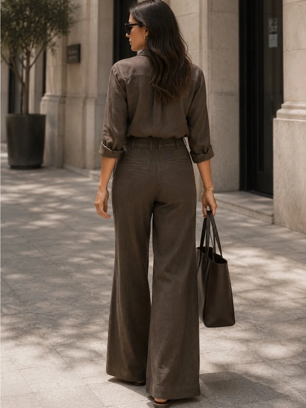 Zara 100% Linen Flare Pants Belt Loops Front Zip Button Brown L